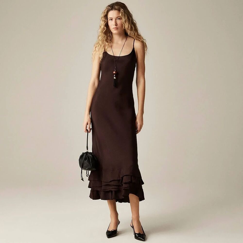 J.CREW Ruffle-Trim Slip Midi Dress 8 Chocolate Berry Adj Straps Party NEW B72